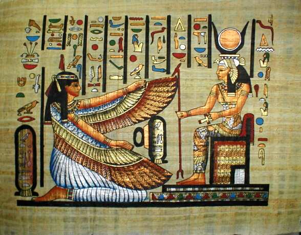 Bailarina egipcia prosternada ante la imagen de la diosa. Papiro antiguo.